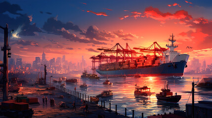 sunset in the port - obrazy, fototapety, plakaty