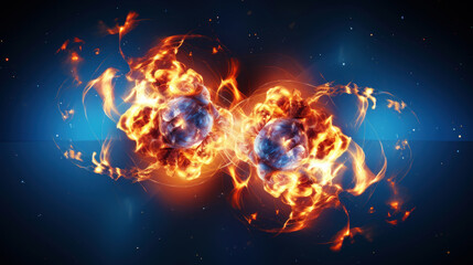 Scientific concept of depicting the fusion of two atoms. Sci-fi background. Quantum physics. Generative AI
