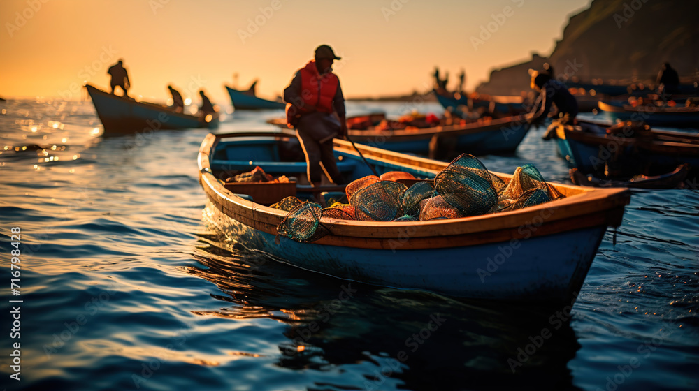 Wall mural boats at sunset