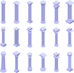 Greece pillar icons set isometric vector. Ancient column. Marble old history