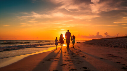 family walking  at the sunset on the beach