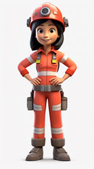 Woman firefighter, full body, in firefighter uniform, ready to save the city from fires, white background. 3D rendering concept design illustration.