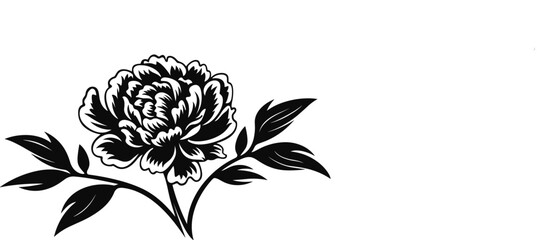 Flower icon. Peony flower with leaves. Peonies hand drawn vector art. Black silhouette of peony flower.