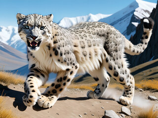 An angry snow leopard attacks, close-up.