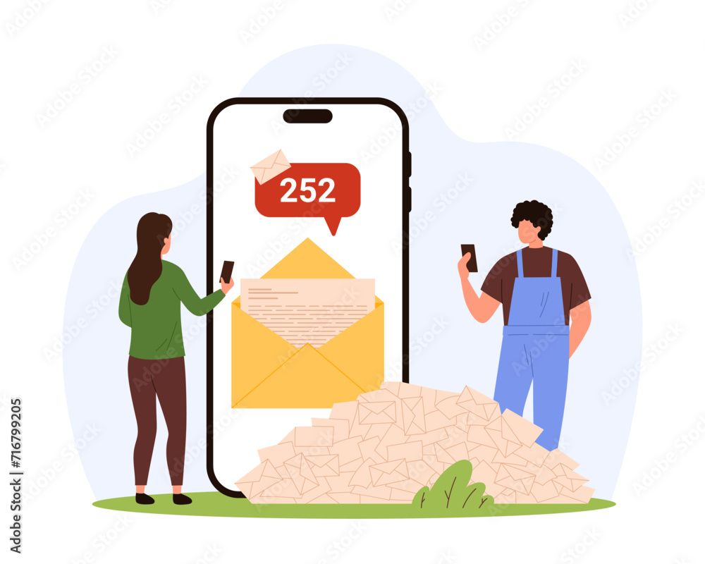 Poster alert notification of spam, mailbox mobile application overload with marketing emails. tiny people s