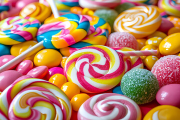 Fototapeta na wymiar delicious sweets, including lollipops, candies, and sugary delights with vibrant swirls and stripes, creating a fun and delight