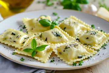 Ravioli with ricotta and spinach on a platter.