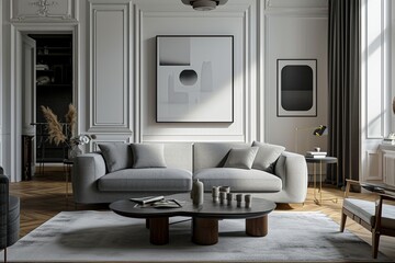 Modern apartment's stylish living room interior with trendy furniture, featuring a gray sofa on a parquet wooden floor, complemented by elegant accessories. Home decoration template in a 3D render