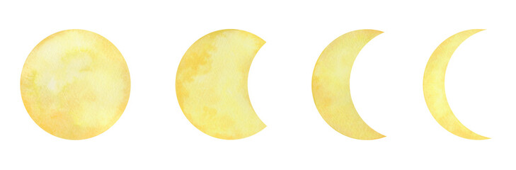 A set of yellow watercolor moon isolated on a white background, hand-drawn. An element for design and decoration. A textured planet, a satellite. Watercolor spot, circle.