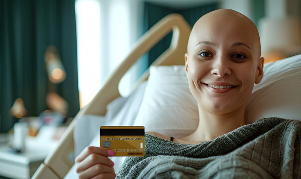 close up a face smile and happy a bald woman is Holding a credit card in front of you on wheelchair or bed in the hospital, shopping online concept. and cancer concept
