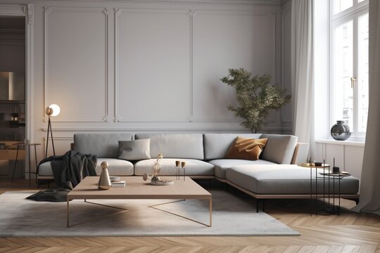 Modern apartment's stylish living room interior with trendy furniture, featuring a gray sofa on a parquet wooden floor, complemented by elegant accessories. Home decoration template in a 3D render