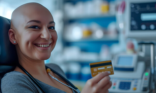close up a face smile and happy a bald woman is Holding a credit card in front of you on wheelchair or bed in the hospital, shopping online concept. and cancer concept