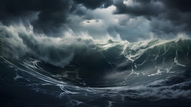 Huge ocean wave, sea water background in rough conditions