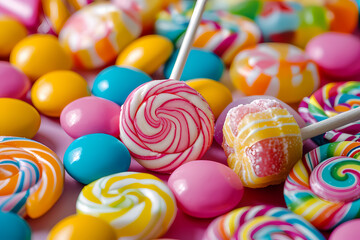 Fototapeta na wymiar delicious sweets, including lollipops, candies, and sugary delights with vibrant swirls and stripes, creating a fun and delight