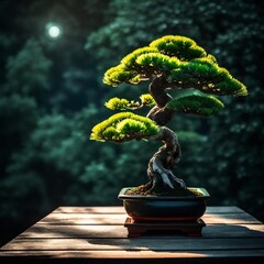 Beautiful bonsai tree on table. Traditional japanese bonsai tree - generative ai