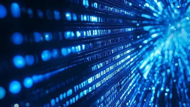 Bits and bytes of digital information accompanied by a fast flow of blue light
