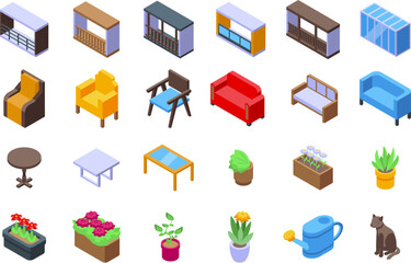 Veranda interior icons set isometric vector. Garden balcony. Home room view