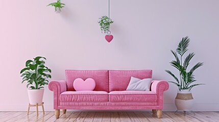 A pink sofa adorned with potted plants and heart light, featuring light gray and brown tones, wood accents, and a cute, colorful, contemporary candy-coated design with living materials