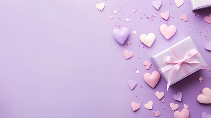 Valentine's Day background. Gifts, hearts, confetti, on pastel lilac tones. Valentine's day concept. Flat bed, top view, copy space