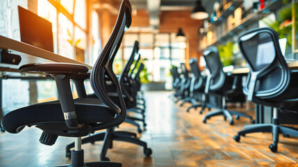 Fototapeta premium Modern Office Interior: Empty Business Room with Table and Chairs