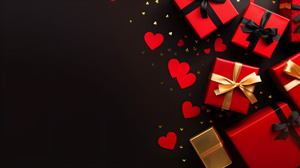 Valentine's day concept. Red and gold gift boxes on black isolated background decorated with small hearts. View from the mountain. Copy space. Festive banner