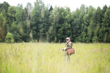 A man walks across the field into the forest for mushrooms. The mushroom picker goes to the forest.