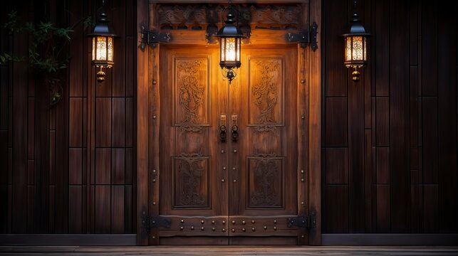 Glowing Lantern by Ornate Wooden Door 
