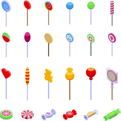 Lollypop icons set isometric vector. Spiral round sweet. Candy sugar