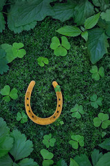 horseshoe for good luck and clover leaves in forest, natural green background. symbol of irish...
