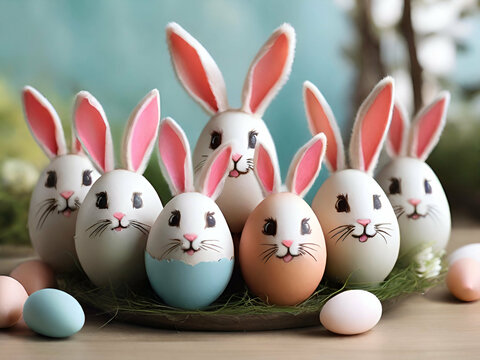 Easter eggs decorated with bunny ears on wooden table, traditional easter holiday celebration, generative ai