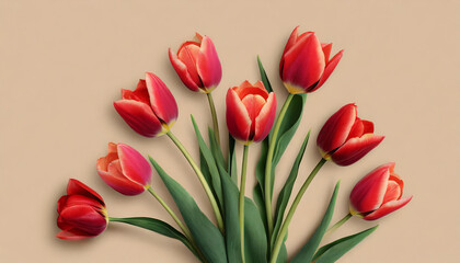 Fototapeta premium A collection of vibrant red tulips against a soft backdrop with tulips at varying stages of bloom, perfect for romantic occasions or elegant designs, spring themes, invitations or decor.