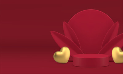 Red luxury 3d podium pedestal with golden heart and leaves for product show vector background