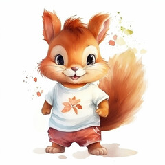 Cute baby squirrel character wearing a t-shirt, watercolor illustration for children, isolated on white background