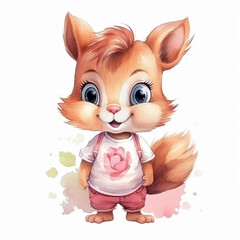 Cute baby squirrel character wearing a t-shirt, watercolor illustration for children, isolated on white background