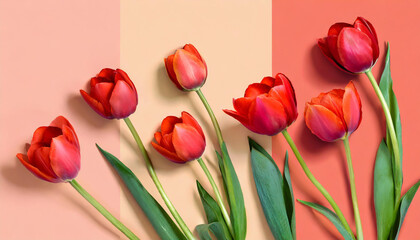 A collection of vibrant red tulips against a soft colorful backdrop with tulips at varying stages of bloom, perfect for romantic occasions or elegant designs, spring themes, invitations or decor.