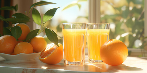 Naklejka premium Two glasses of orange juice, oranges, on a table near the window