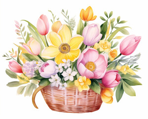 Spring flowers in the basket, pink and yellow tulips, pastel colors. Isolated watercolor illustration