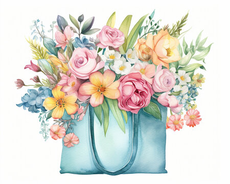Shopping bag with colorful spring flowers and leaves, pastel colors. Isolated watercolor illustration