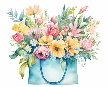 Shopping bag with colorful spring flowers and leaves, pastel colors. Isolated watercolor illustration