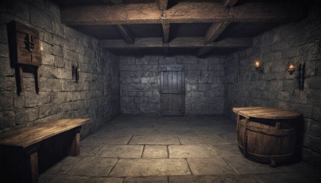 Underground old medieval dungeon jail cells, fantasy setting, dark and creepy rp table top background, created with generative ai