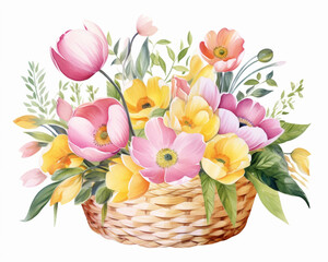 Fototapeta na wymiar Spring flowers in the basket, pink and yellow tulips, pastel colors. Isolated watercolor illustration