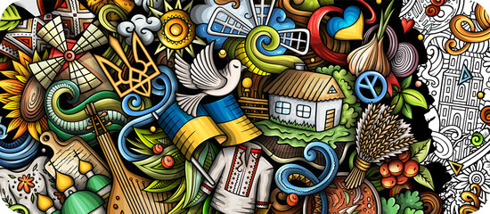 Ukraine doodle cartoon banner design - obrazy, fototapety, plakaty
