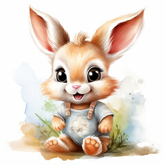Easter Bunny with flowers, cute character, isolated on white background. Watercolor illustration