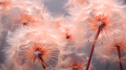 Dandelions in the trendy color of 2024 peach fluff. Gentle Persian dandelions on a gray background - obrazy, fototapety, plakaty