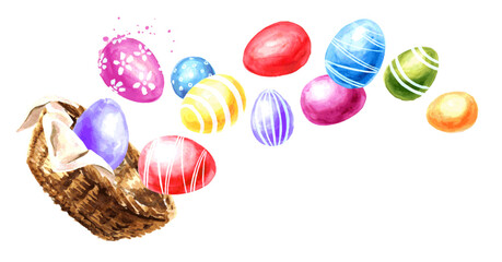 Basket with colored Easter eggs. Hand drawn watercolor illustration, isolated on white background 