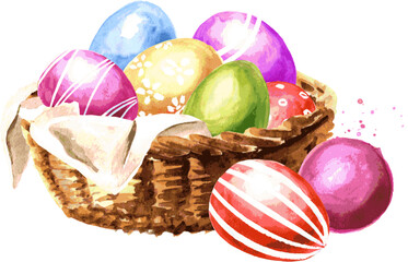Basket with colored Easter eggs. Hand drawn watercolor illustration, isolated on white background 