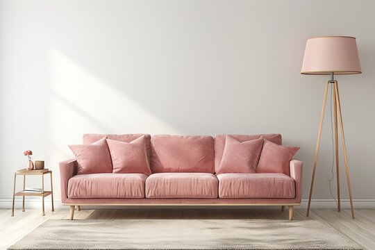 A living room with a pink couch and lamp, playfully conceptual in a cute and dreamy style