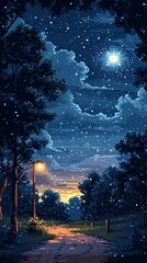 Obraz premium Night landscape with lake, forest, sky and stars.. Pixel art, game asset