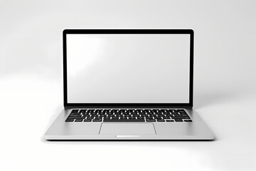 Isolated white background showcasing a silver laptop with an open design, featuring a blank screen, keyboard, and LCD display, symbolizing technology, business, and office mobility in a 3D electronic 