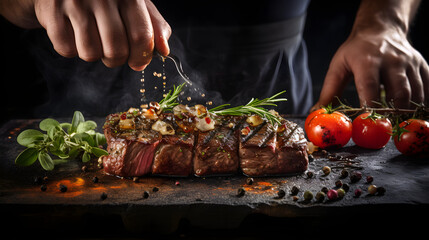 Chef hands cooking meat steak on concrete background. Generative AI
